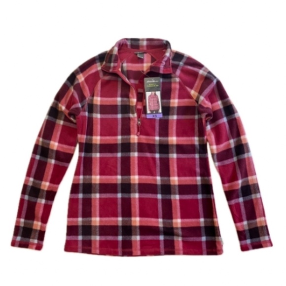 Eddie Bauer Fleece Quarter Zip Pullover Long Sleeve, Red/Pink Plaid, X-Small NWT - Picture 5 of 11